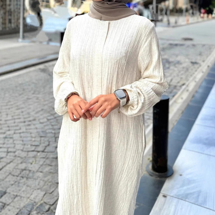 Damen Langes Crinkle-Kaftankleid mit Ballonärmeln und Stehkragenoptik Echoarchiv