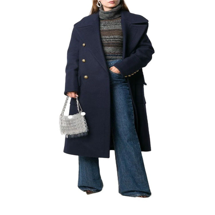 Damen Marineinspirierter Zweireiher-Longcoat aus Wollmix mit Oversize-Revers Echoarchiv