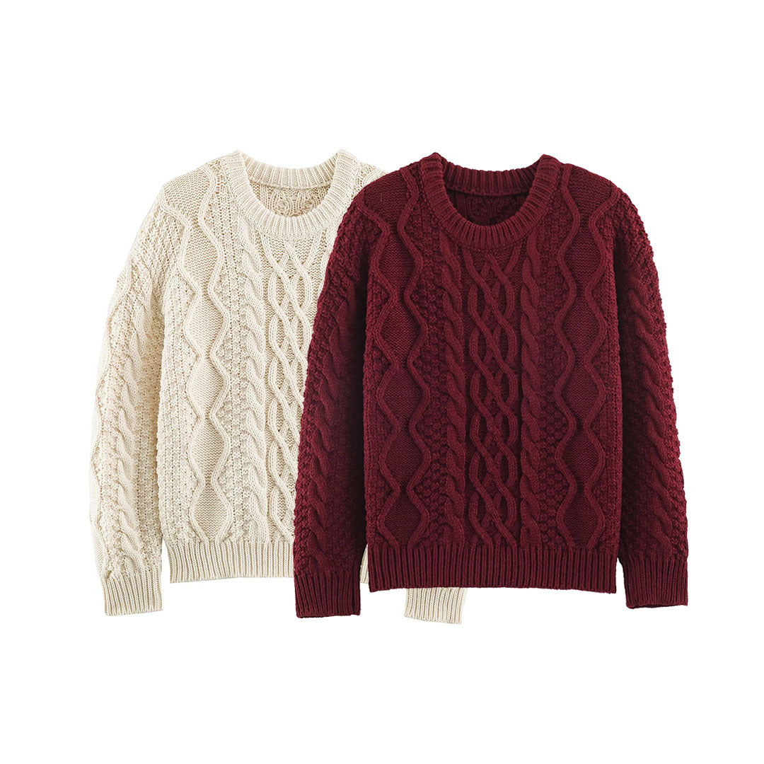 Damen Grobgestrickter Zopfstrick-Pullover mit Rundhals und Textur-Mix Echoarchiv