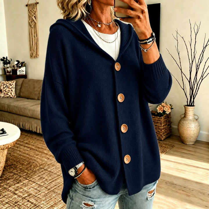 Damen Kapuzen-Cardigan Oversize mit Holzknöpfen und Rippbündchen – Veloura