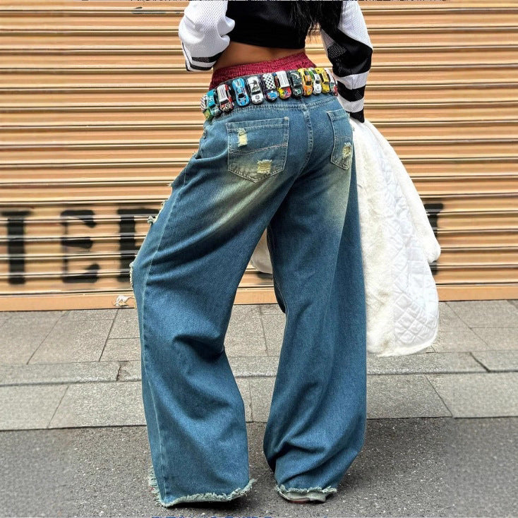 Damen weite Destroyed-Denim-Jeans mit Neonfransen-Applikation Echo Archiv