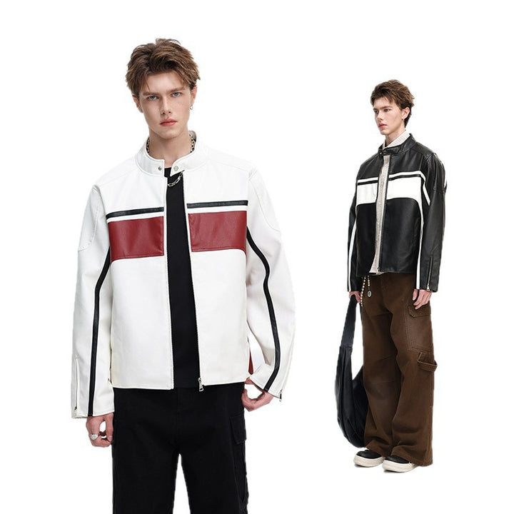 Herren Kontrast-Kunstleder-Bikerjacke mit Stehkragen und Zip-Ärmeln Echoarchiv