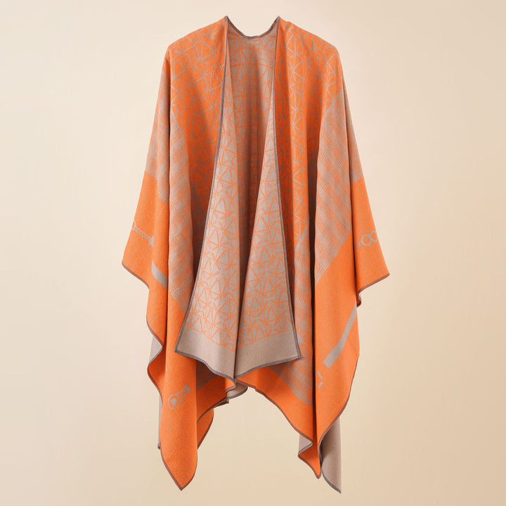 Damen Geometrisches Jacquard-Ruana-Cape aus Wollmix mit offener Kimono-Silhouette – Montévia