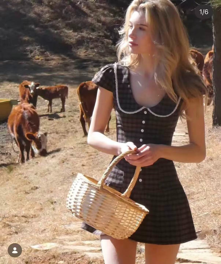 Damen Kariertes A-Linien-Minikleid mit kontrastierendem Bubikragen und Knopfleiste Echoarchiv