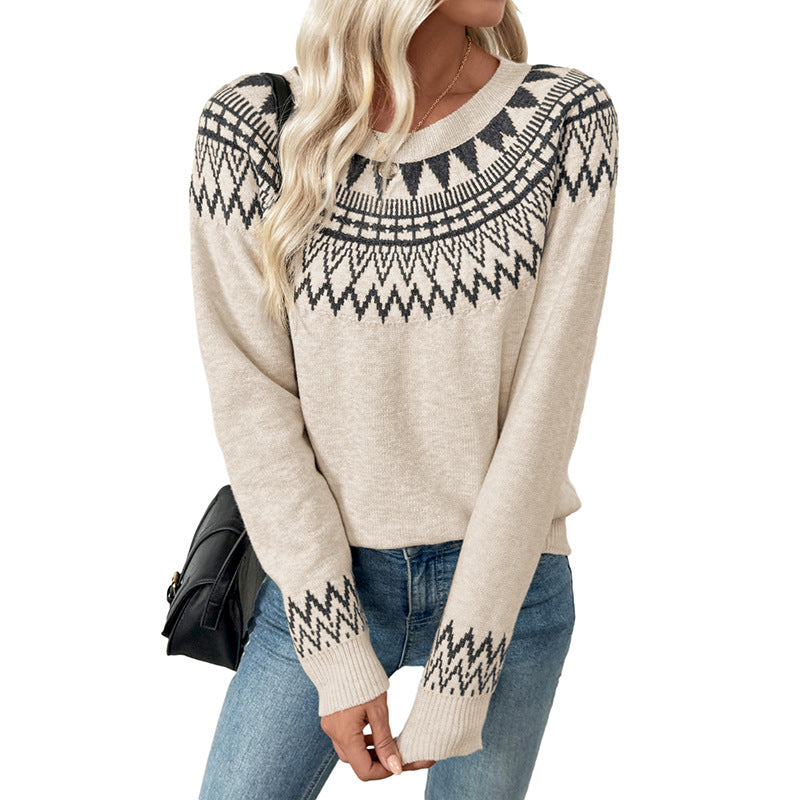 Damen Norweger-Statement Strickpullover mit Rundhalsausschnitt, Jacquard-Yoke und verlängerten Bündchen Echoarchiv
