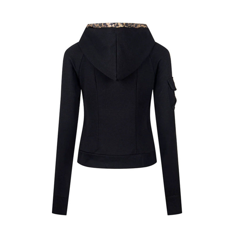 Damen Lagenlook-Zip-Hoodie mit metallischem Leoparden-Innenfutter und schmaler Silhouette Echoarchiv