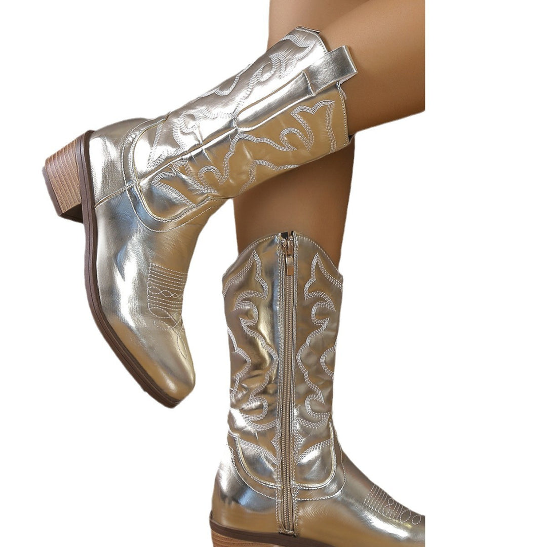 Damen Cowboystiefel mit glänzender Oberfläche, spitzer Zehenform und seitlichem Reißverschluss Echo Archiv