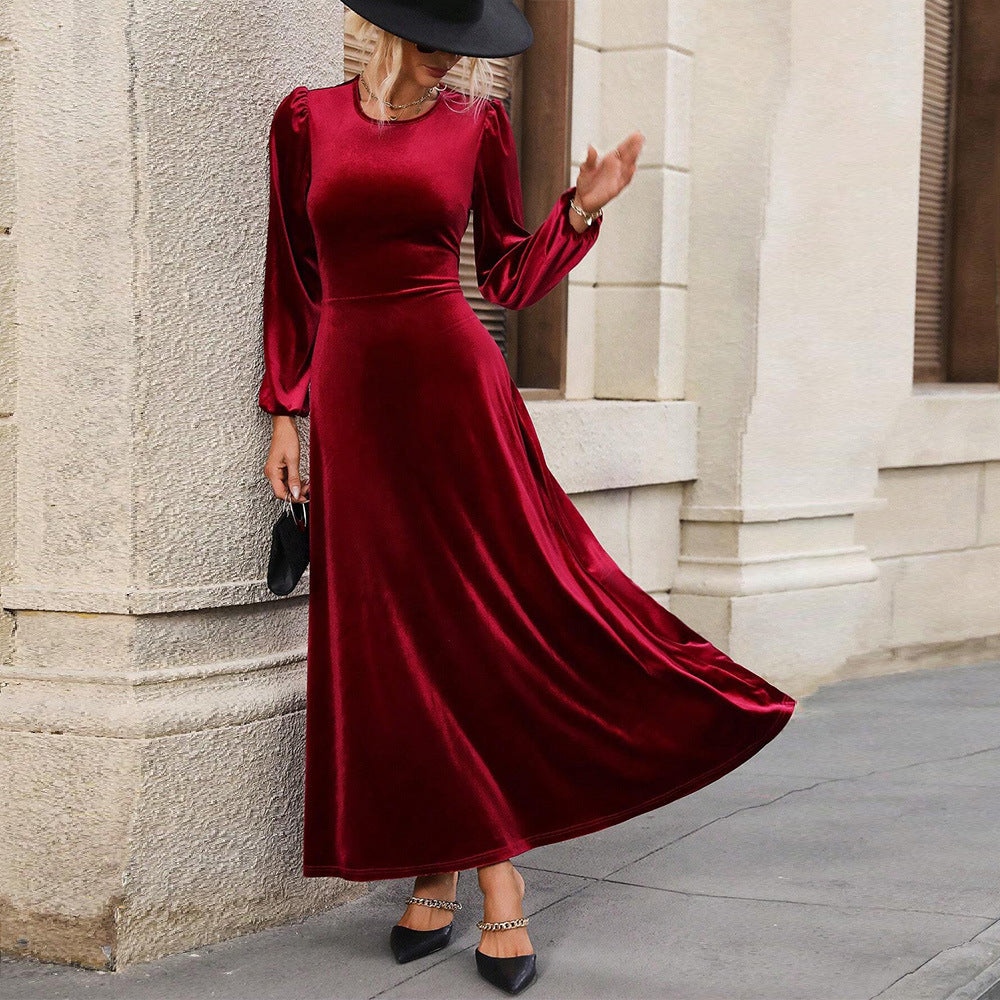 Damen elegantes Samt-Maxikleid mit taillierter Corsage, langen Ballonärmeln und fließender A-Linien-Rock – Valéora