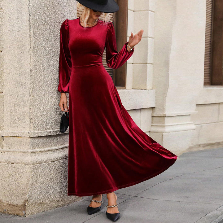 Damen elegantes Samt-Maxikleid mit taillierter Corsage, langen Ballonärmeln und fließender A-Linien-Rock – Valéora