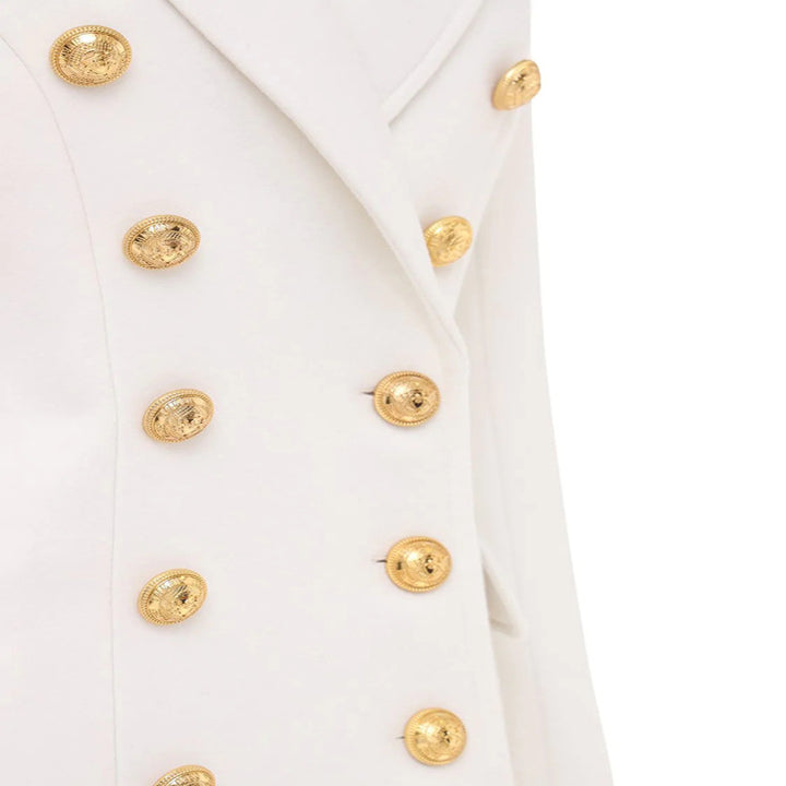 Damen Schmalgeschnittener Zweireihiger Wollmix-Longcoat mit markanter Schulter und goldenen Zierrundknöpfen Echoarchiv