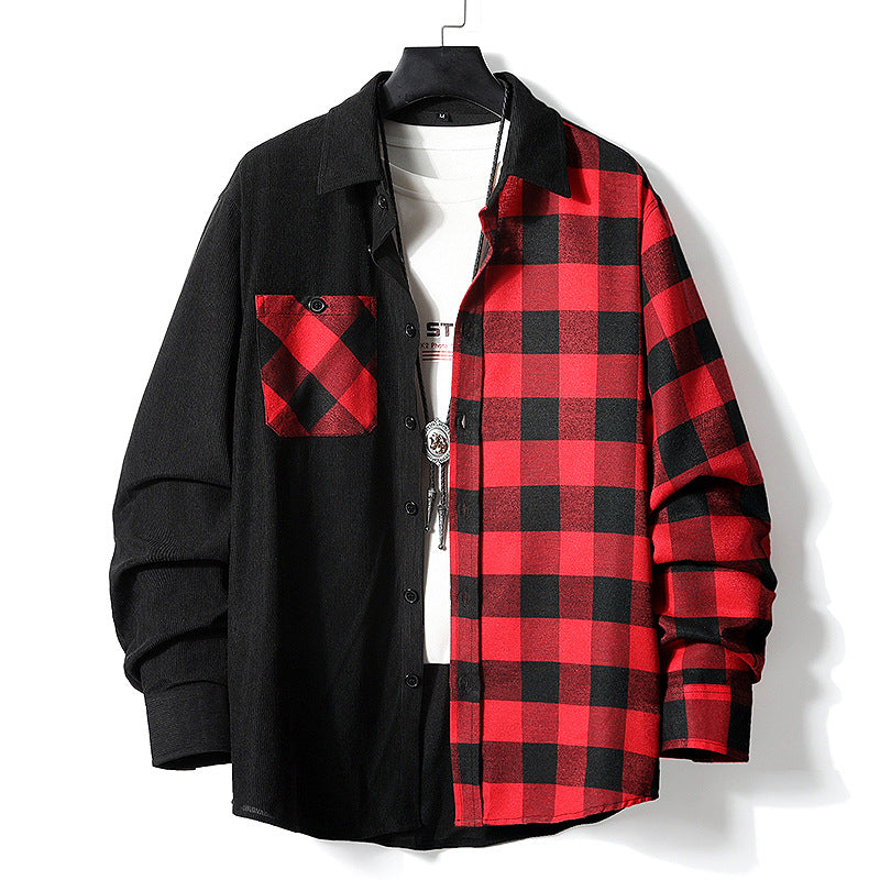 Herren Halbgespaltenes Overshirt im Lumberjack-Karo mit kontrastierender Uni‑Seite, Brusttasche und durchgehender Knopfleiste Echo Archiv