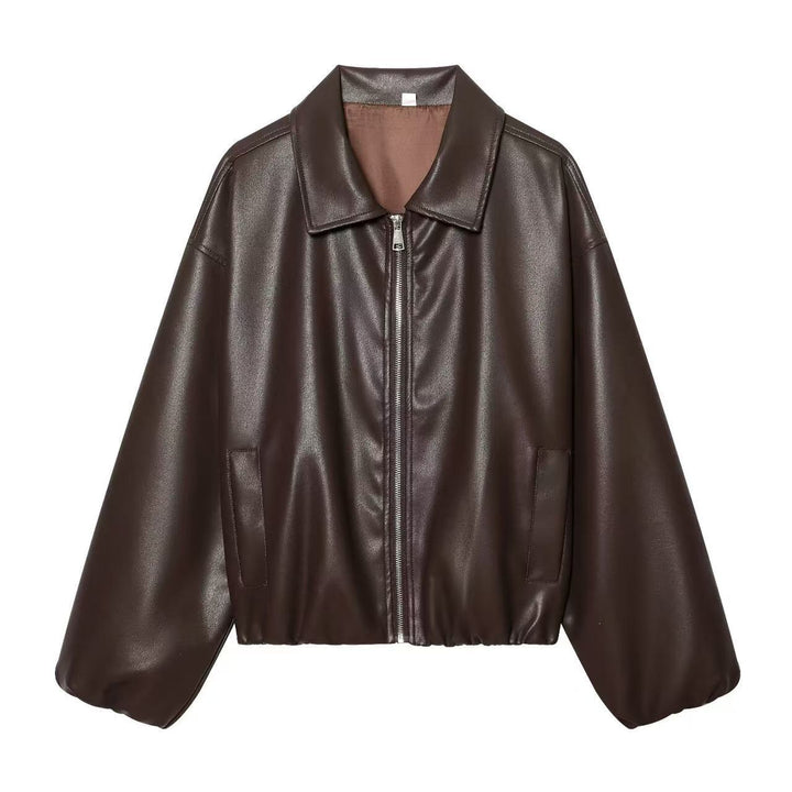 Damen Cropped Oversized Kunstleder-Bomberjacke mit Reißverschluss und elastischem Saum Echoarchiv