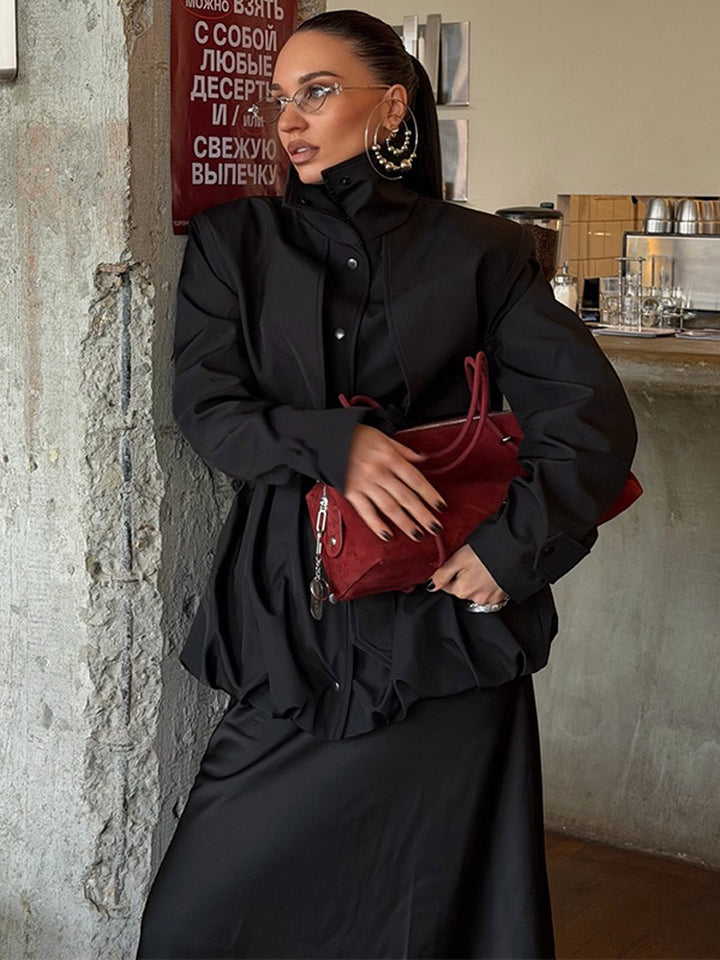 Damen Sculpturaler Boxy-Blouson mit hohem Stehkragen und gerafftem Volumenbund Echoarchiv