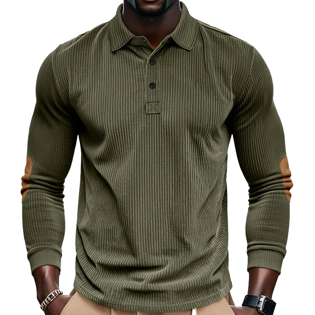 Herren nan geripptes Langarm-Poloshirt mit Henley-Knopfleiste und veloursähnlichen Ellbogenpatches Echo Archiv