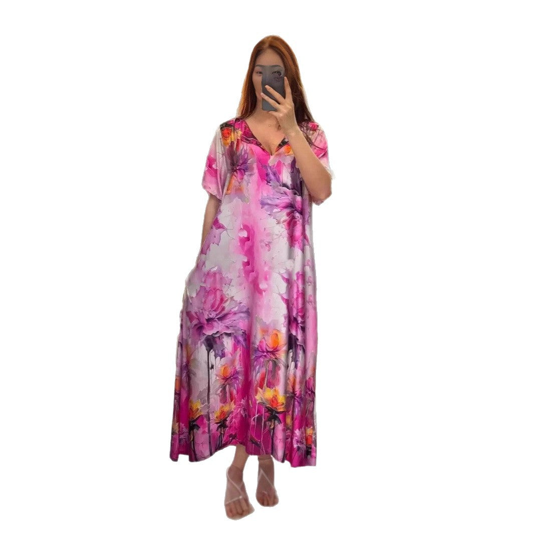 Damen nan fließendes Maxi-Kaftankleid mit V-Ausschnitt und großflächigem Aquarell-Blumenprint Echo Archiv