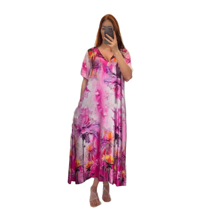 Damen nan fließendes Maxi-Kaftankleid mit V-Ausschnitt und großflächigem Aquarell-Blumenprint Echo Archiv