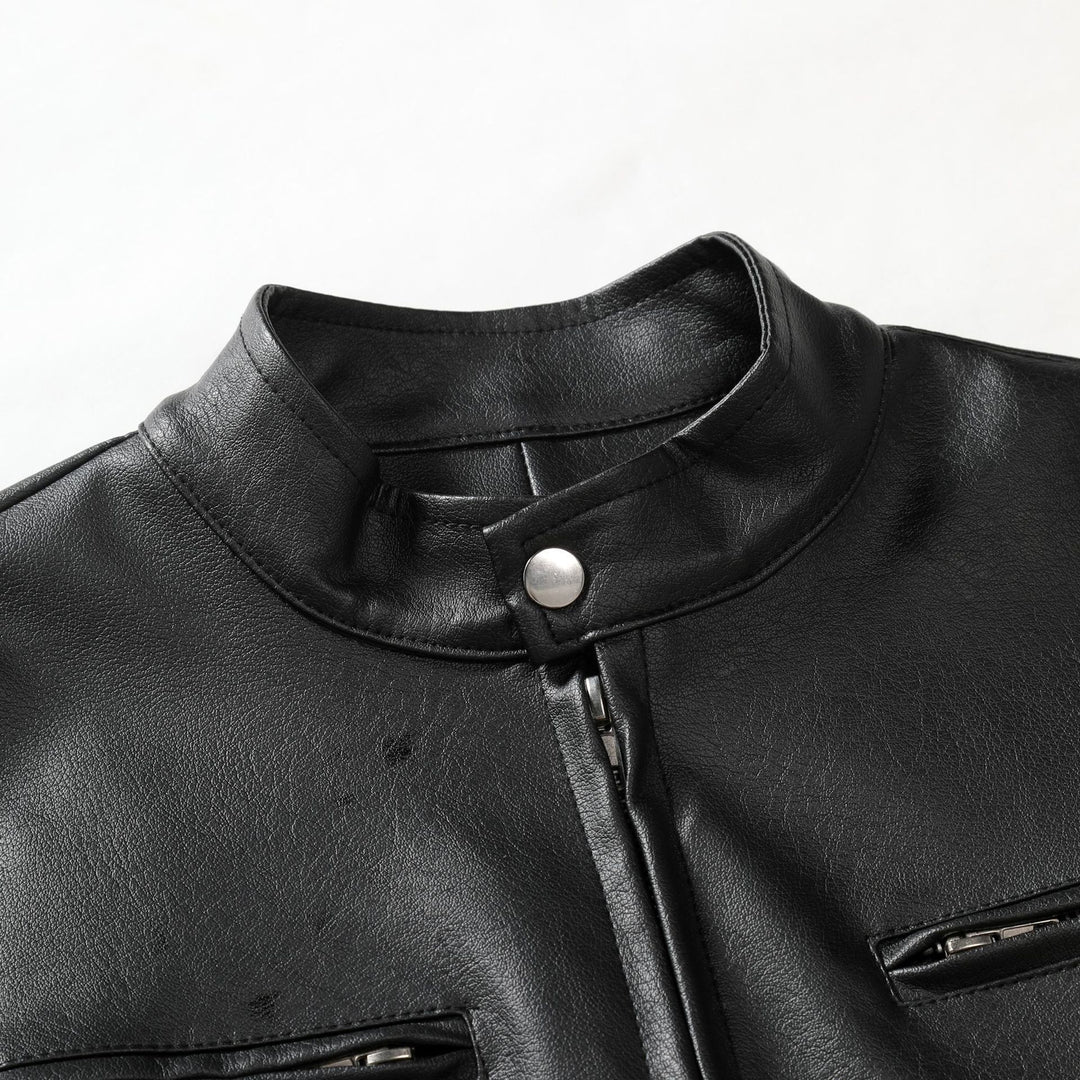 Herren Schmale Lederjacke im Urban-Bikerstil mit Stehkragen und Brust-Reißverschlusstaschen Echo Archiv