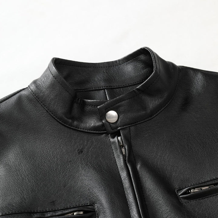 Herren Schmale Lederjacke im Urban-Bikerstil mit Stehkragen und Brust-Reißverschlusstaschen Echo Archiv