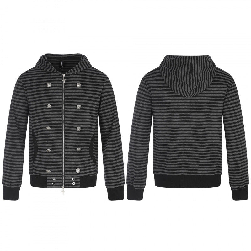 Unisex Gestreifte Kapuzen‑Zipjacke im doppelreihigen Look mit Metallknöpfen Echo Archiv