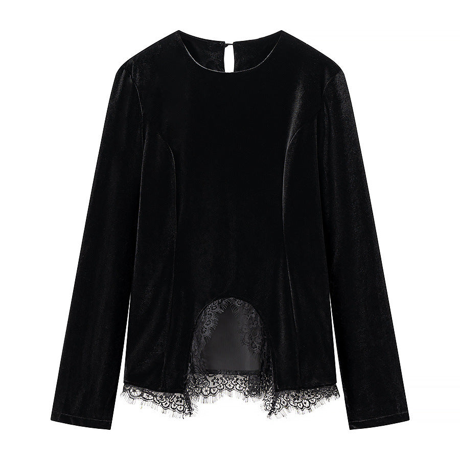 Damen Samtshirt mit asymmetrischem Spitzen-Saum und Schlitzdetail Echo Archiv