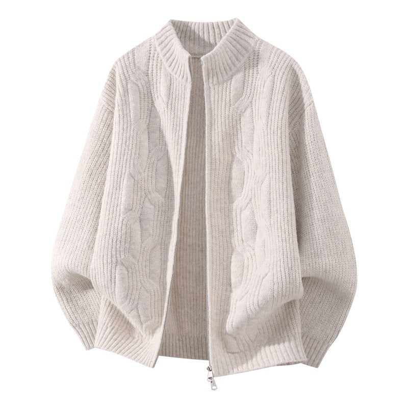 Damen Weicher Oversize‑Zopfmuster‑Cardigan mit Stehkragen & Zwei‑Wege‑Reißverschluss Echoarchiv
