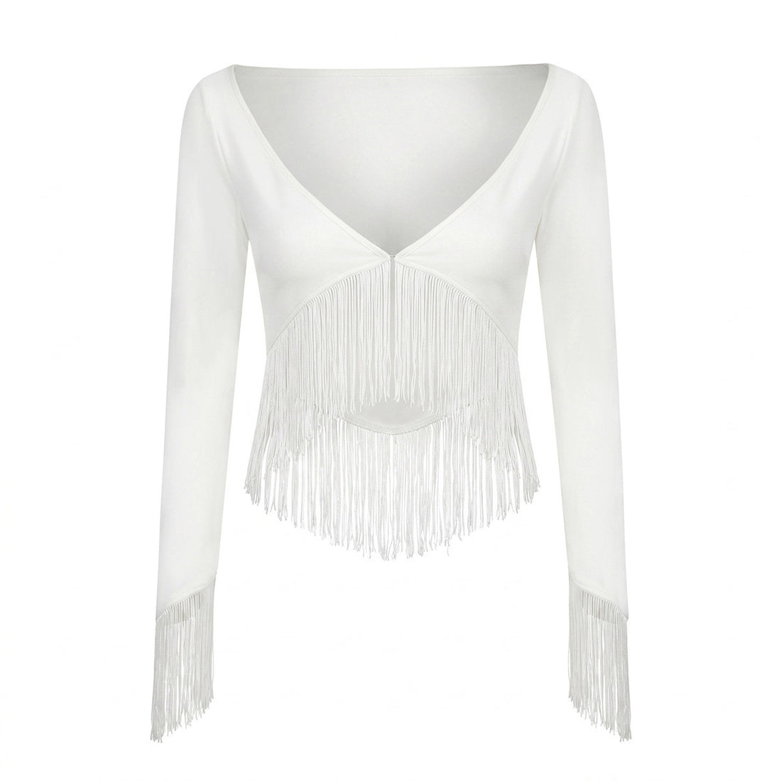 Damen Cropped V‑Neck Oberteil mit langen Ärmeln und dekorativem Fransenbesatz Echo Archiv