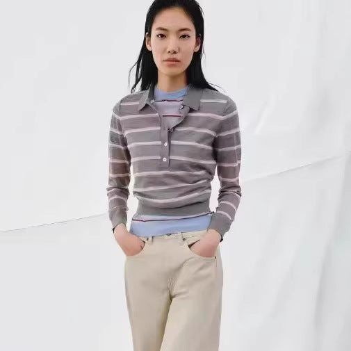 Damen Feinstrick-Polopullover mit Knopfleiste und feinen Querstreifen Echoarchiv