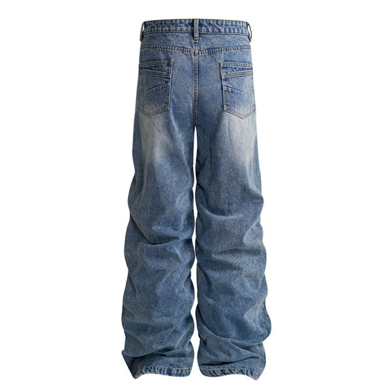 Damen weite High-Waist Denim-Hose im Baggy-Look mit gerafften Beinen und Vintage-Wash Echoarchiv
