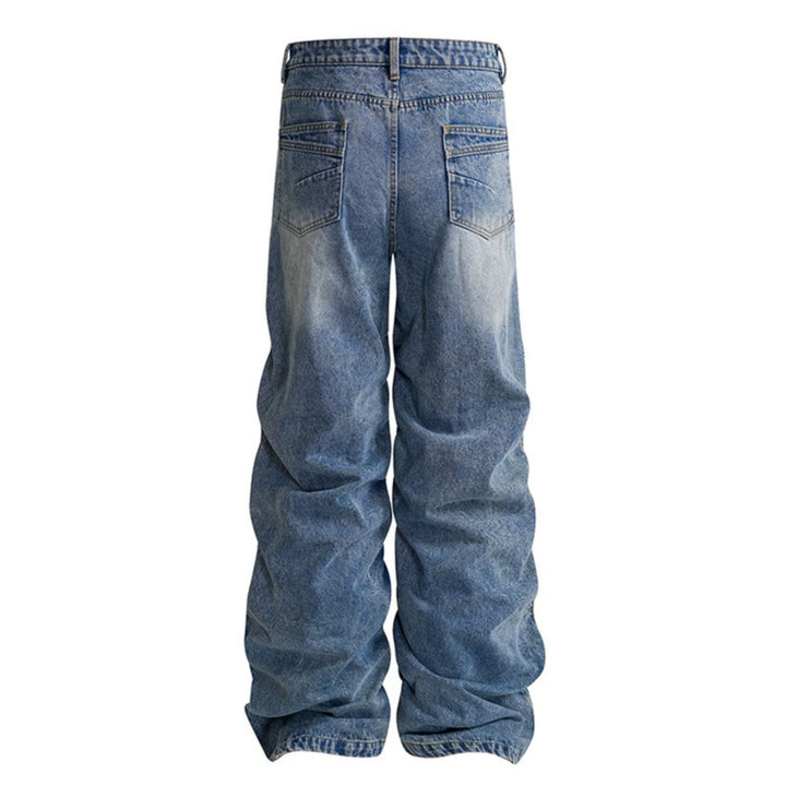 Damen weite High-Waist Denim-Hose im Baggy-Look mit gerafften Beinen und Vintage-Wash Echoarchiv