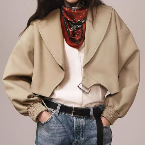 Damen Kurze Oversized Jacke mit breitem Schalkragen, Ballonärmeln und Taillenriegel Echoarchiv