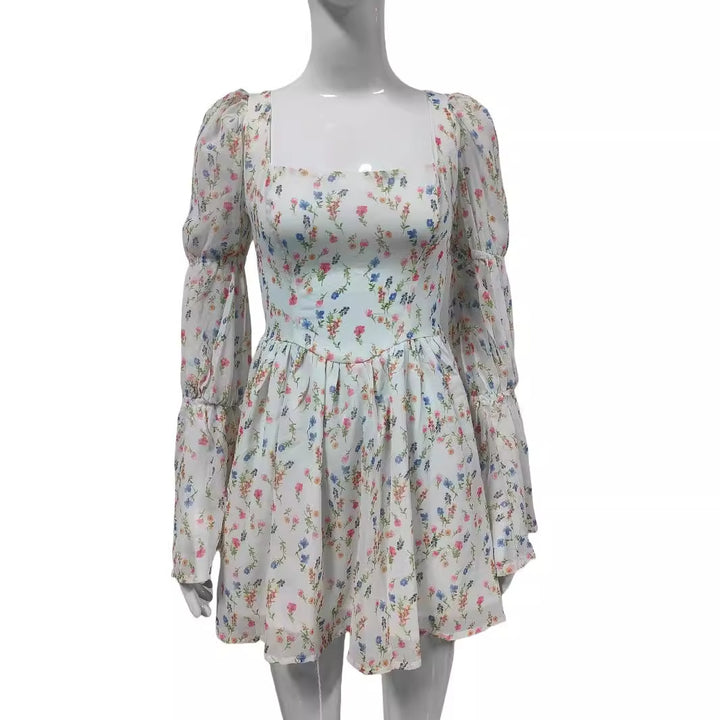 Damen Sommerliches Chiffon-Minikleid mit quadratischem Ausschnitt, Puffärmeln und taillierter Empire-Linie Echoarchiv