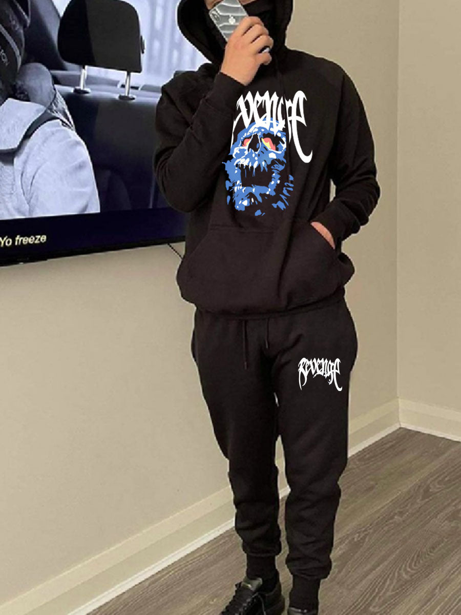 Herren Kapuzenpullover und Jogginghose Set mit künstlerischem Skull-Motiv Echoarchiv