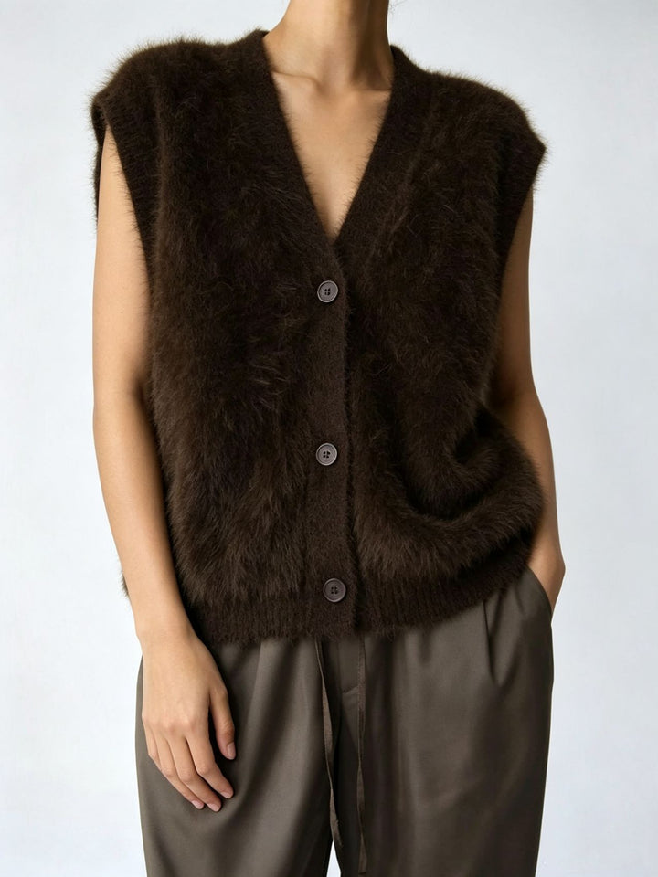 Damen Flauschige ärmellose Knopf‑Weste aus Mohairmix mit tiefem V-Ausschnitt – Veloura