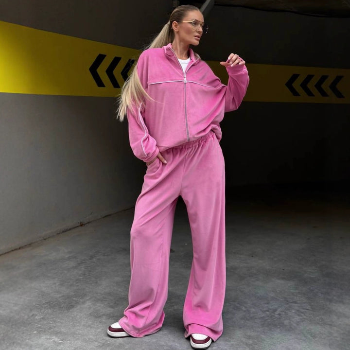 Damen Relaxed-Fleece-Set mit halblanger Zipjacke und extraweiter High-Waist Jogginghose – Avérine