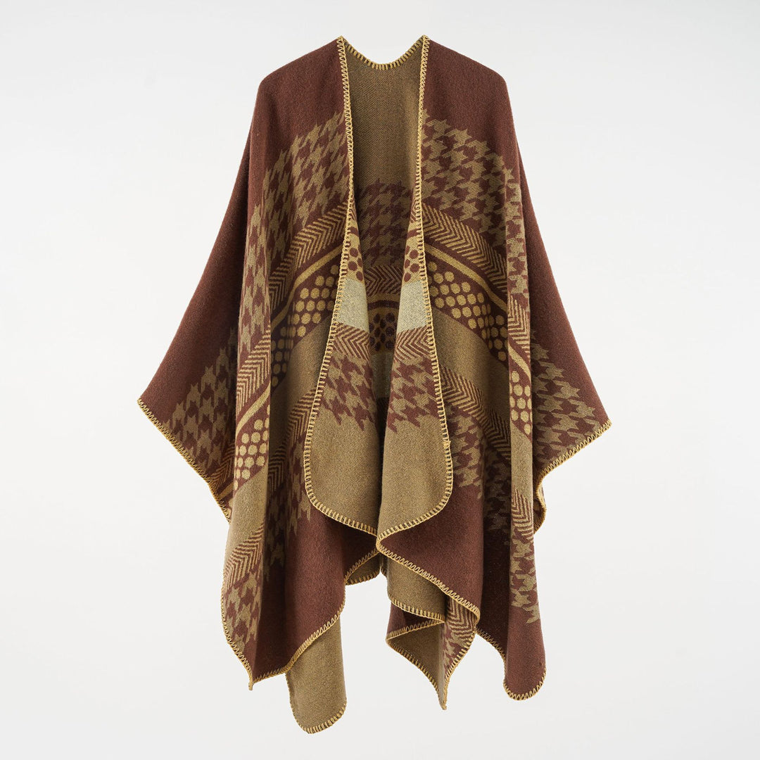 Damen Wohliger Oversize-Umhangponcho aus Wollmix mit Hahnentritt- und Grafikjacquard – Célinea