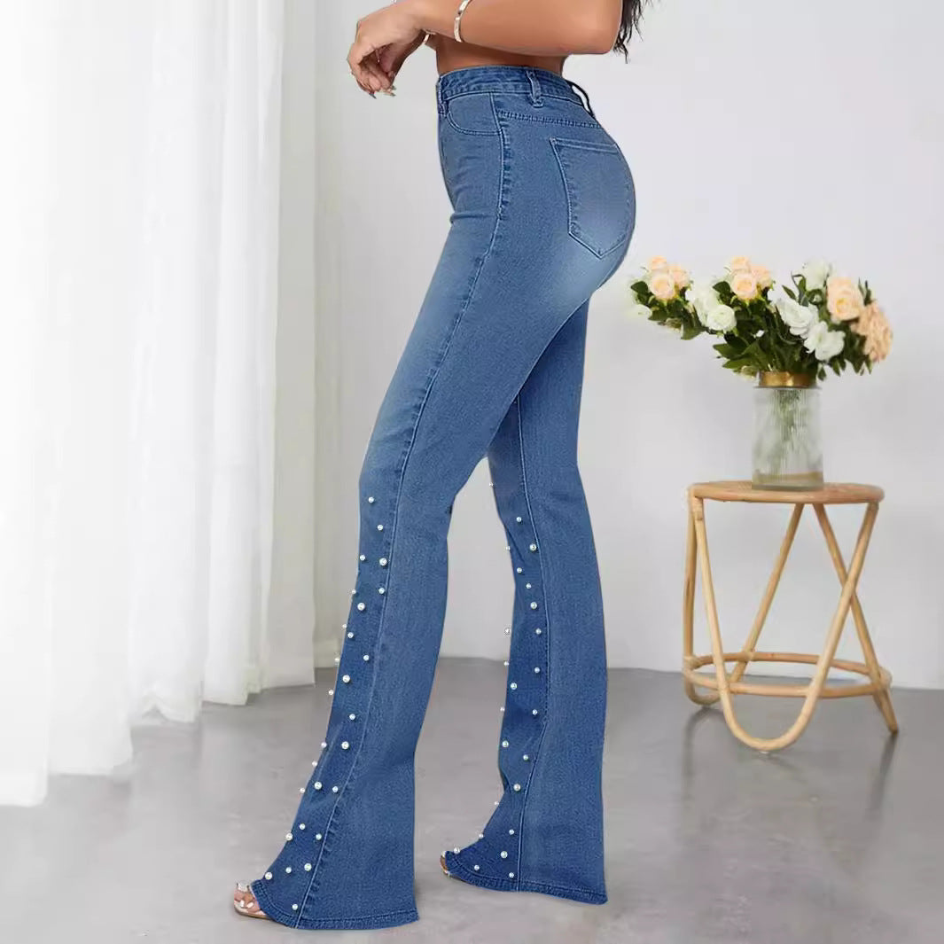 Damen Jeans-Schlaghose mit hoher Taille und Perlenapplikation Echo Archiv