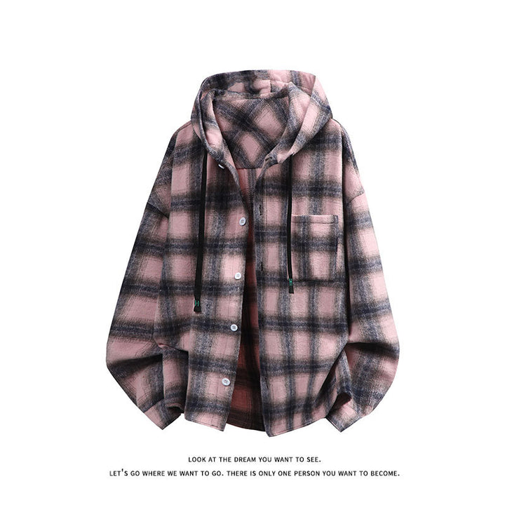 Unisex nan oversized Kapuzen-Hemdjacke aus Flanell mit Karomuster und Brusttasche Echo Archiv