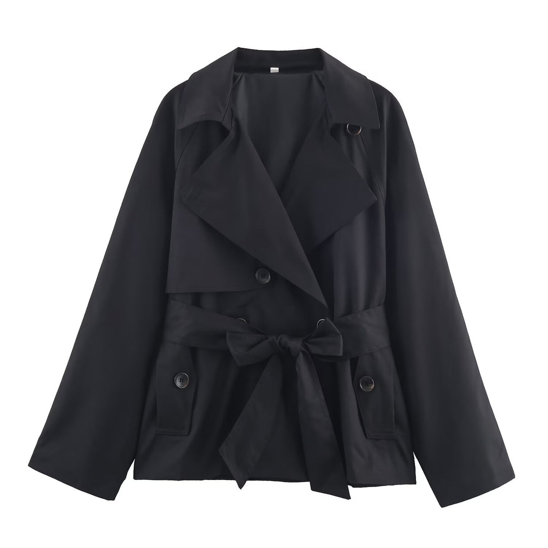 Damen Gekürzte Taillengürtel-Trenchjacke mit breitem Revers und Pattentaschen Echo Archiv