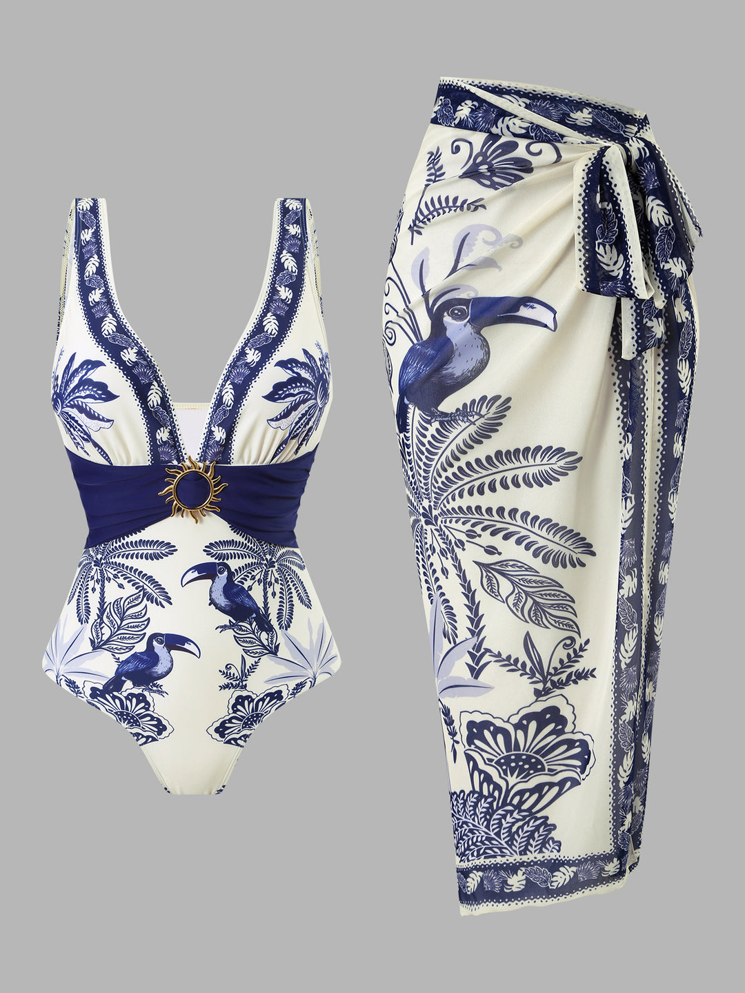 Damen Einteiliger Badeanzug mit floralem Design und elegantem Wickelrock Echo Archiv