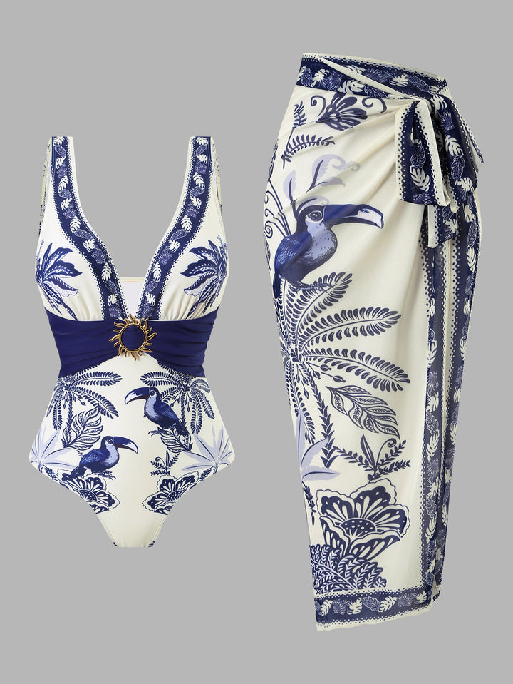 Damen Einteiliger Badeanzug mit floralem Design und elegantem Wickelrock Echo Archiv