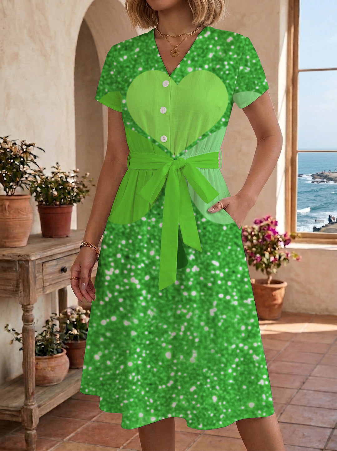 Damen Blühendes Midikleid mit taillierbarem Gürtel und kunstvollem Print Echo Archiv