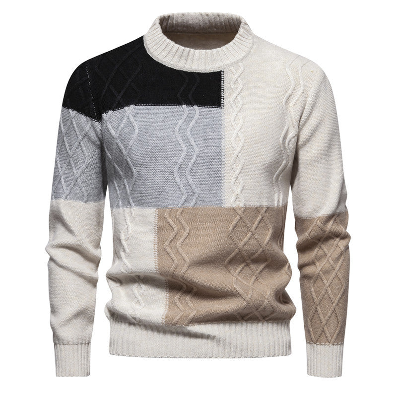 Herren Strickpullover mit modernem Zopfmuster und buntem Blockdesign Echoarchiv