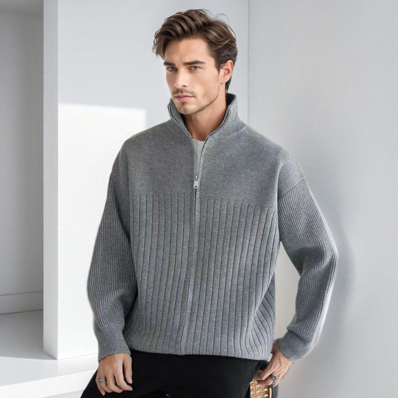 Herren Halbzip-Strickpullover mit hohem Stehkragen und breitem Rippenmuster Echoarchiv