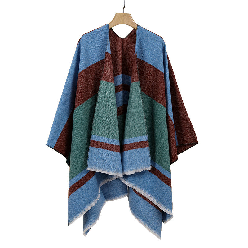 Damen Leichter Capeponcho aus Feinstrick mit geometrischem Blockstreifen-Design – Célinea