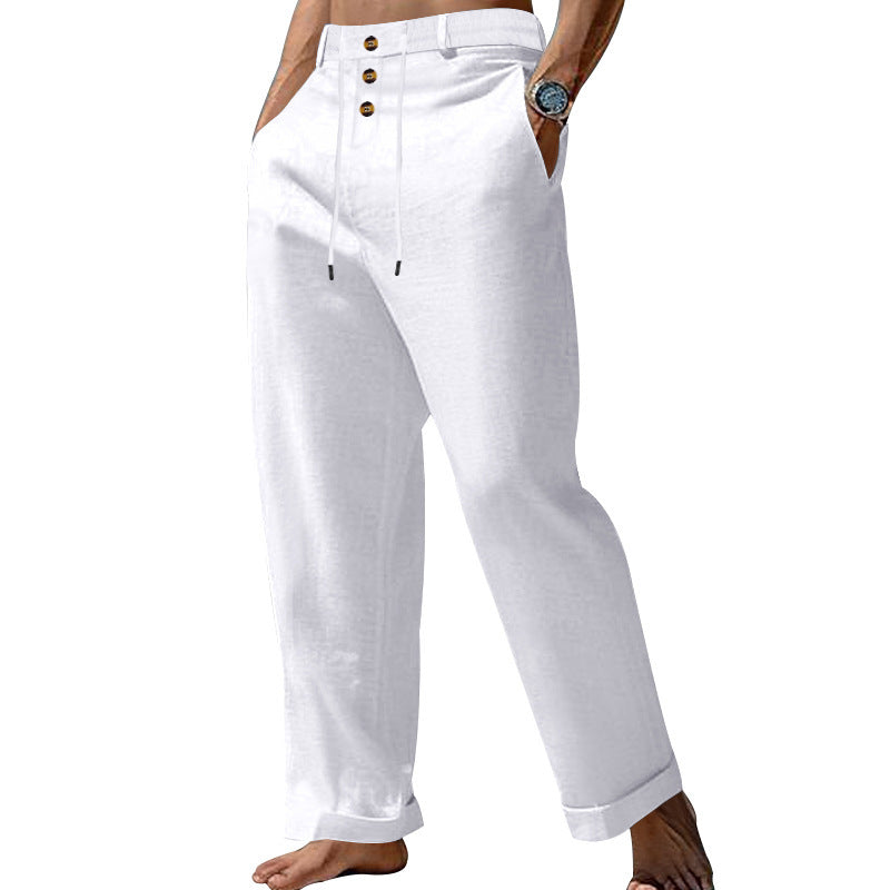 Herren lässige Leinenhose mit verstellbarem Bund und Knopfleiste Echoarchiv