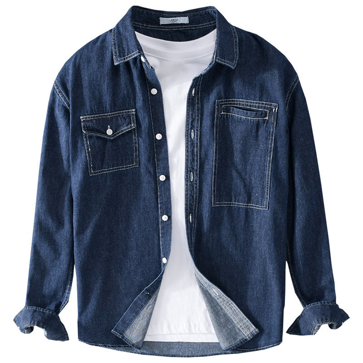 Herren Jeans-Overshirt im Worker-Stil mit doppelten Brusttaschen und kontrastierenden Ziernähten Echoarchiv
