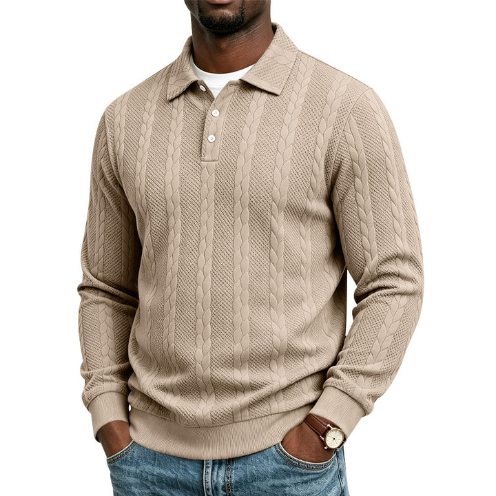 Herren Gestrickter Polokragenpullover mit Zopfmuster und feiner Knopfleiste Echoarchiv