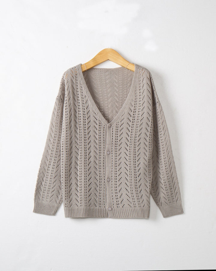 Damen Leichte Ajour-Strickjacke mit tiefem V-Ausschnitt und Knopfleiste Echo Archiv