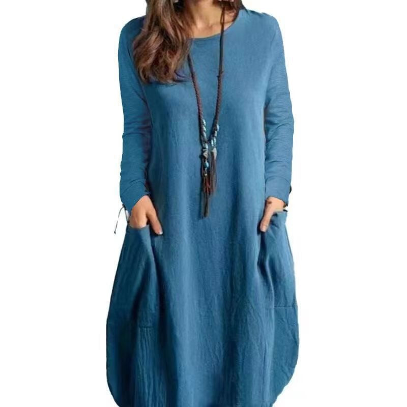 Damen Langes A‑Linien Leinenoptik Kleid mit Eingrifftaschen und Rundhalsausschnitt Echoarchiv