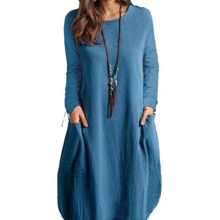 Damen Langes A‑Linien Leinenoptik Kleid mit Eingrifftaschen und Rundhalsausschnitt Echoarchiv